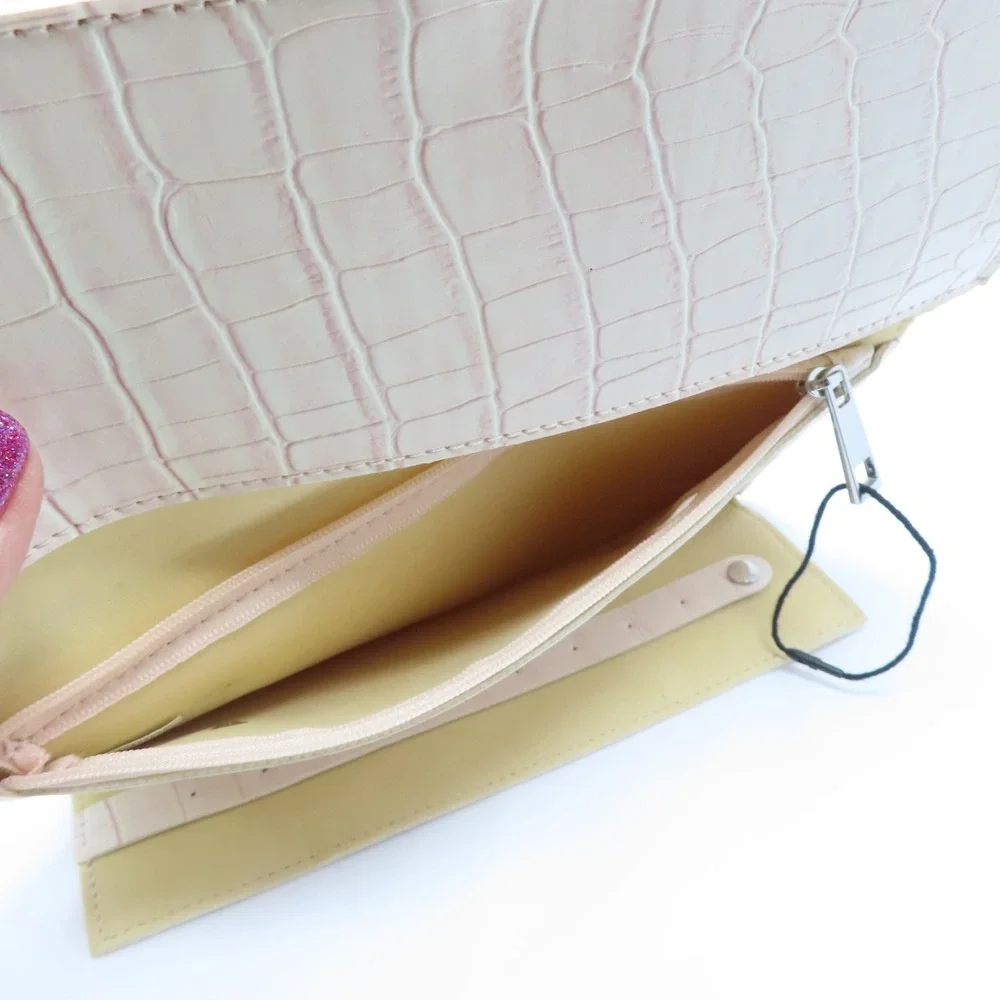 Tuscan Designs Cream Croc Embossed Leather Jewelry Roll Travel Organizer Case